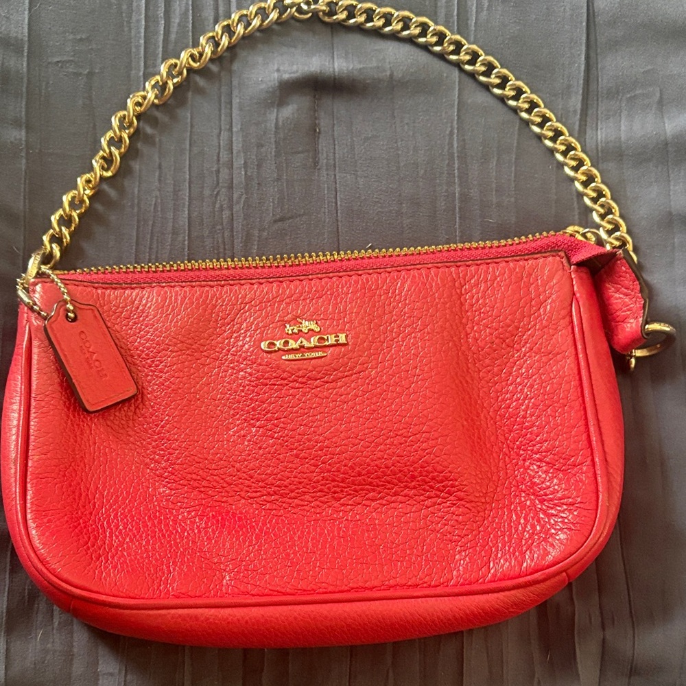 Coach Vibrant Red Leather Shoulder Bag with Gold Chain